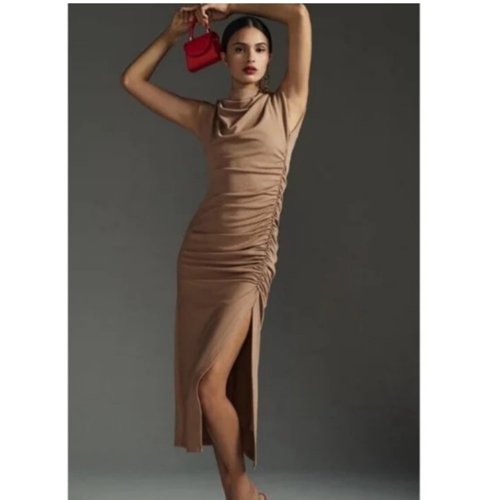 Anthropologie Brown Midi Dress with Ruched Detail